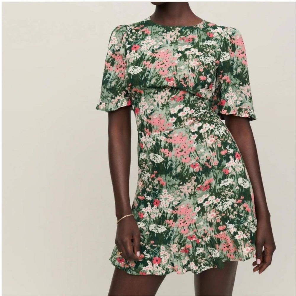 Reformation Alaina Dress Bohemia Green Floral Open Back Mini Size 8 NWT